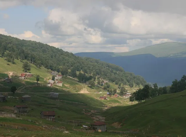ზაფხულის ხის სახლები გოდერძის უღელტეხილის მწვანე ფერდობზე, აჭარაში