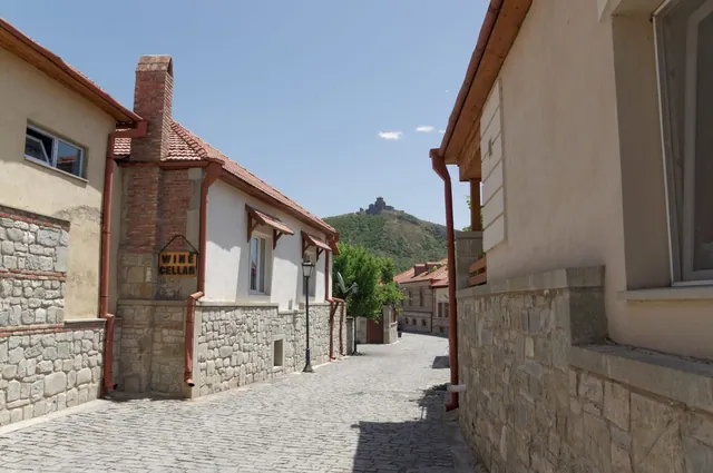 Mtsheta'nın eski şehrinde taş döşeli sokak, dağda Cvari Manastırı